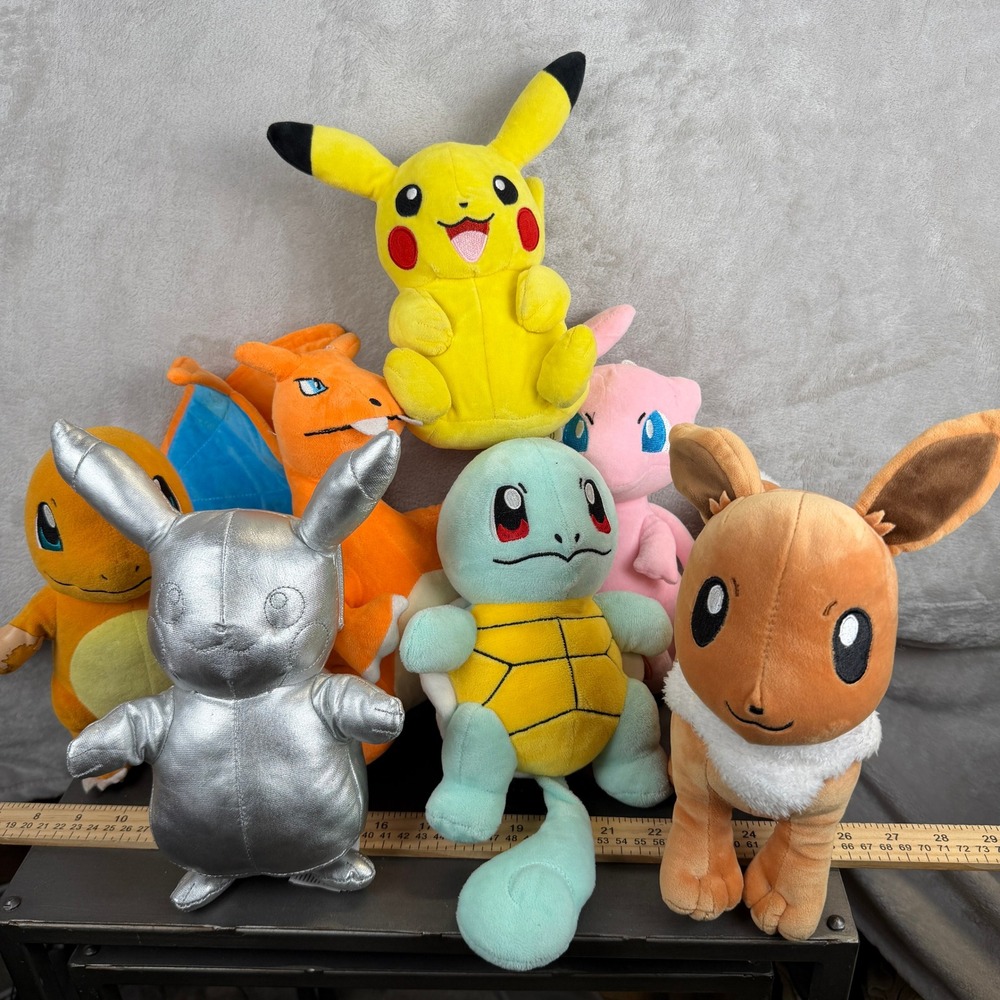 Pokemon Plush Lot 7pc Pikachu Silver 25th Anniversary Eevee Squirtle Charizard